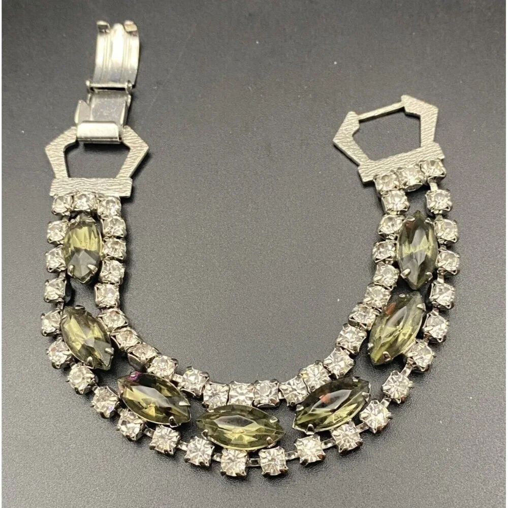 Rhinestone Bracelet Fancy All Prong Set Glass Stone Smokey Green Vintage Retro - Picture 2 of 9
